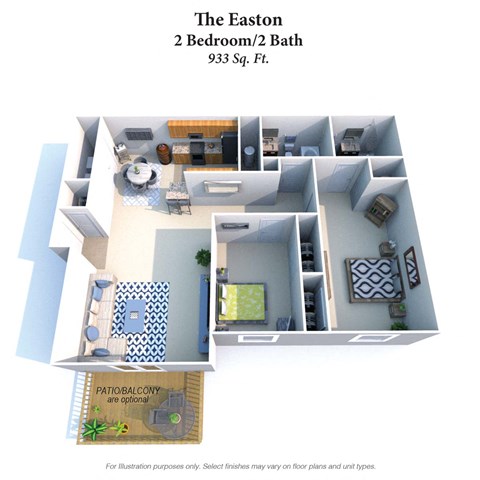 Floor plan for 2 beds, 2 baths, 933 sqft